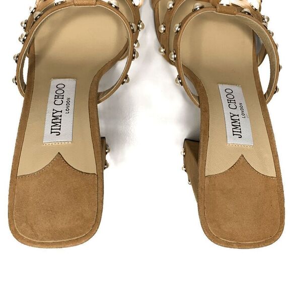 Jimmy Choo Hazal 85 Tan Suede Pearl Studded Heel Mule Slip On Sandal EU 39 US 9 - Picture 3 of 9